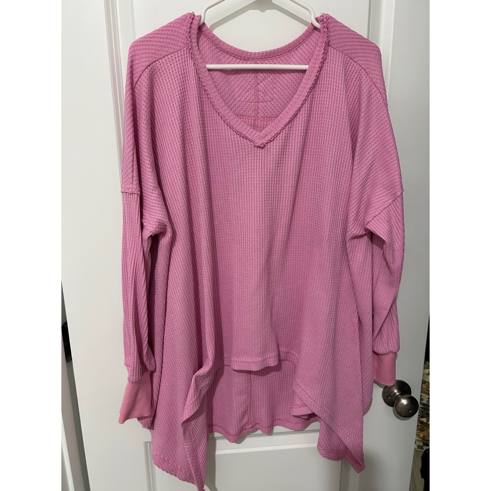 Pink Waffle Knit V Neck High Low Long Sleeve Top Women's Casual Comfort